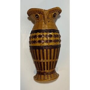 Vintage Wicker Owl Vase Wall Pocket Boho Woven Rattan Figural Decorative Basket